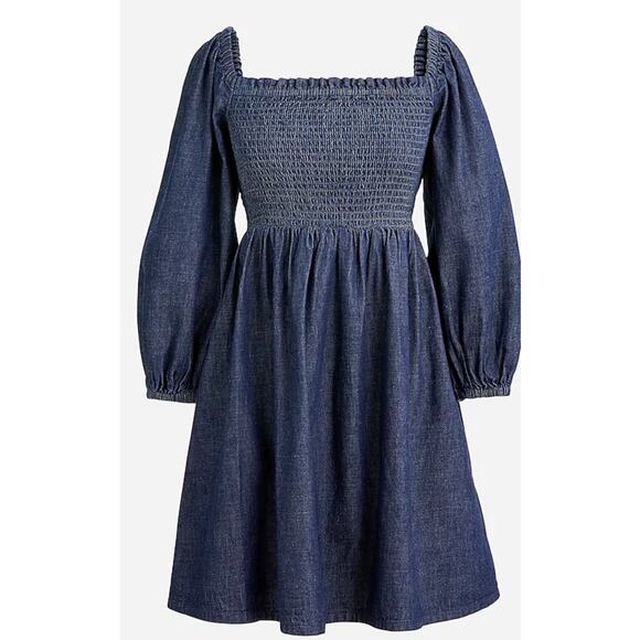 J. Crew Smocked Puff-Sleeve Dress Denim Chambray Blue Size XXS NEW - Picture 1 of 8